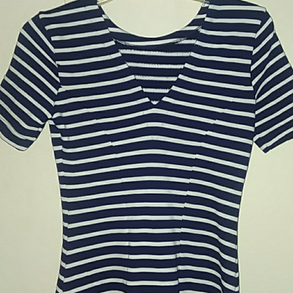 Three Dots Navy & White Striped Short-Sleeve Mini Dress - Picture 8 of 8